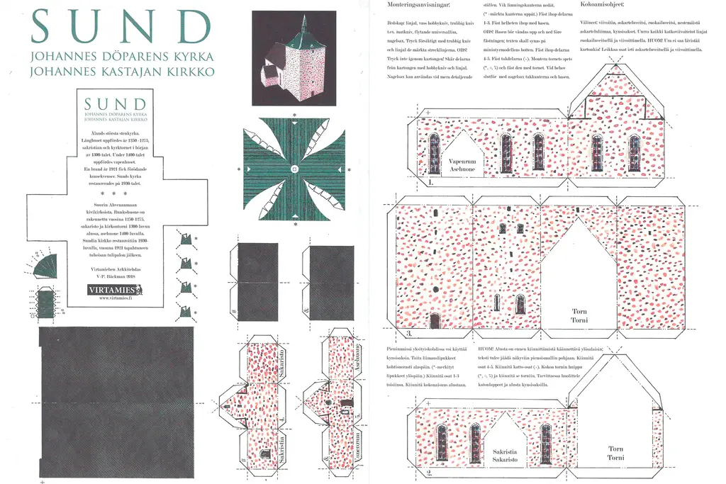 Bastelbogen der Johannes Dörparens Kirche mit verschiedenen Ansichten, Schnittzeichnungen und Anleitungen für den Modellbau.