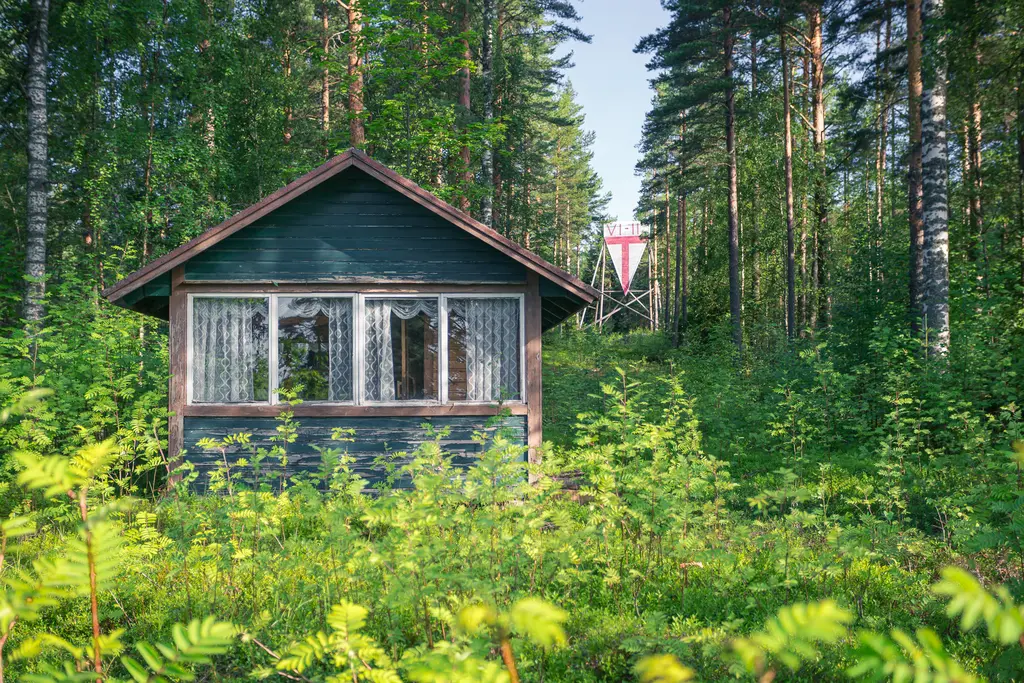 A rustic cabin surrounded by dense greenery in Virolahti, with curtains in the windows and a warning sign in the background.