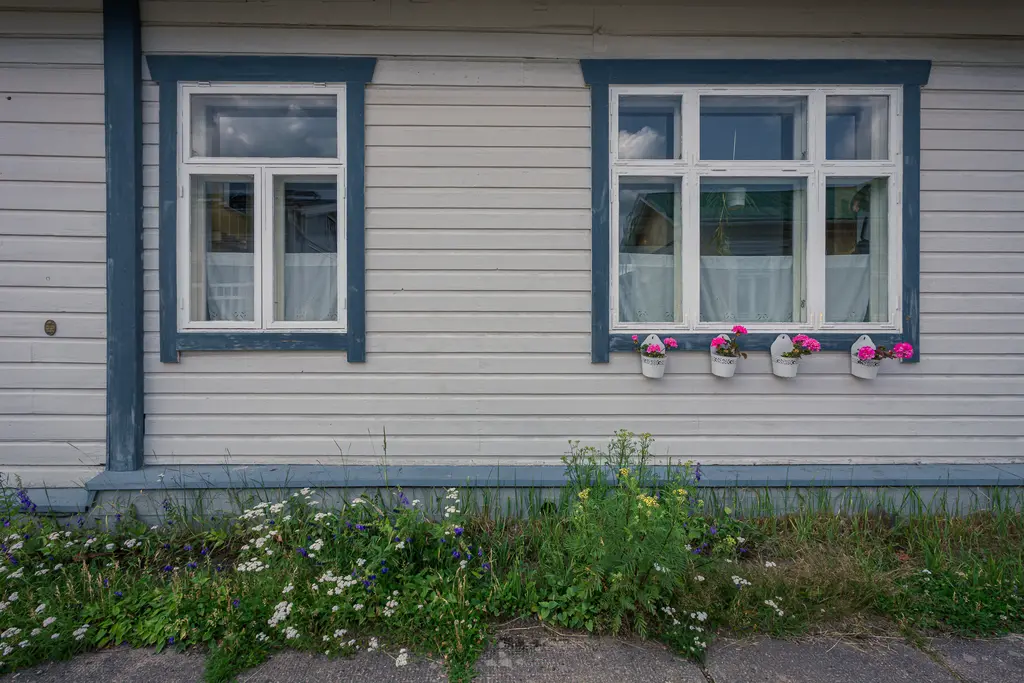 Holzhausfassade in Loviisa mit zwei Fenstern und Blumenkästen. Blumen mit pinken Blüten schmücken die Fensterbank. Grüne Wiese im Vordergrund.