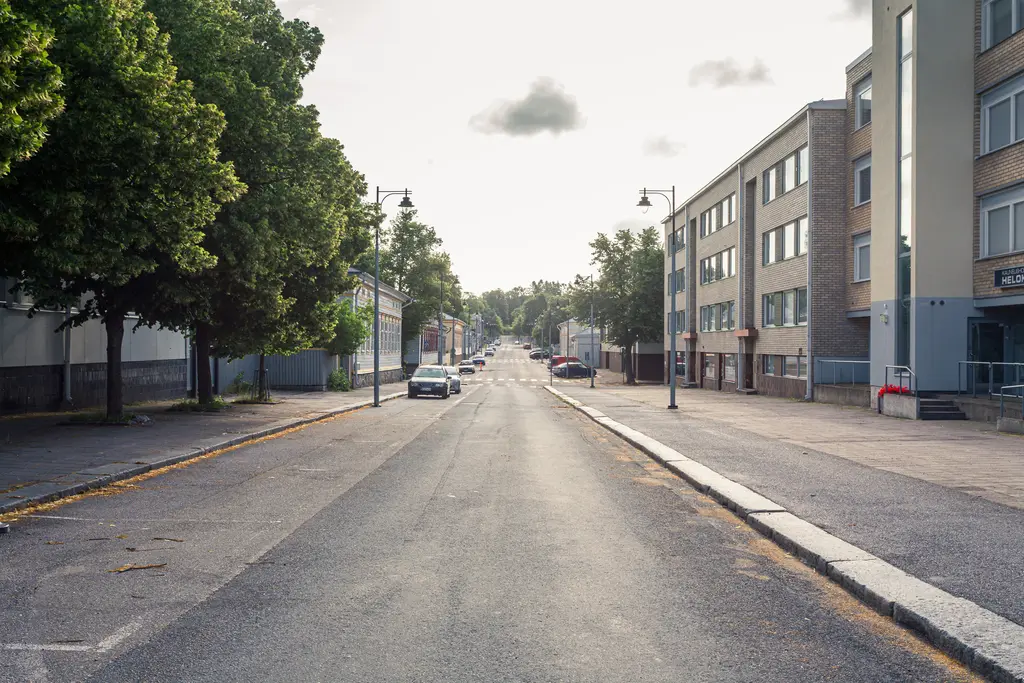 Blick auf eine ruhige Straße, gesäumt von Bäumen und modernen Gebäuden. Einige Autos parken am Straßenrand. Der Himmel ist leicht bewölkt.