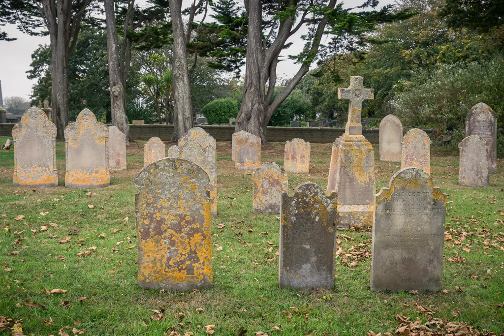 A cemetery with weathered gravestones, some adorned with lichen, surrounded by trees and fallen leaves.