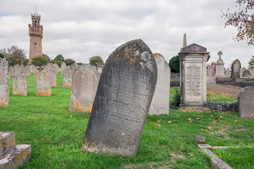 A historic graveyard with leaning gravestones and a clock tower in the background under a cloudy sky.