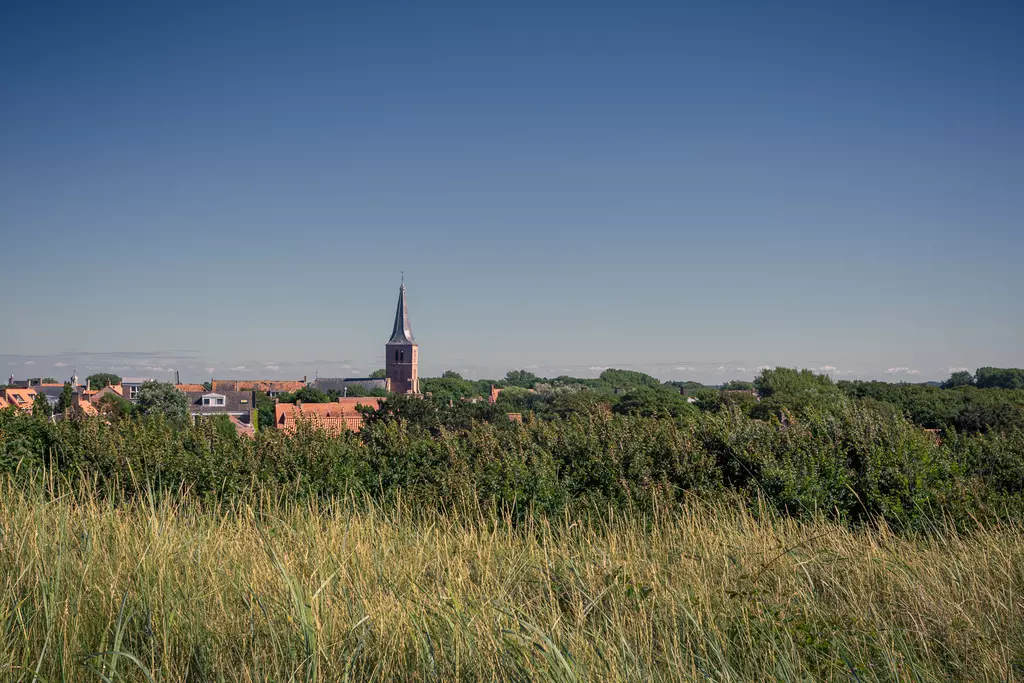 Tall green grasses in the foreground, with a church tower and a serene rural landscape in the background.