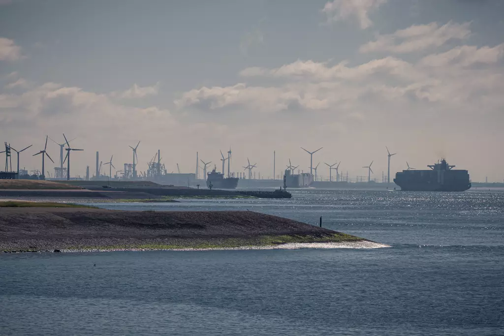 Jagged shoreline with green vegetation, background features wind turbines and several ships on the water.