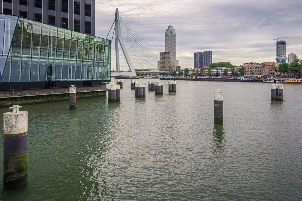 A modern glass building by the water, with poles in the calm water and a bridge, complemented by urban buildings in the background.