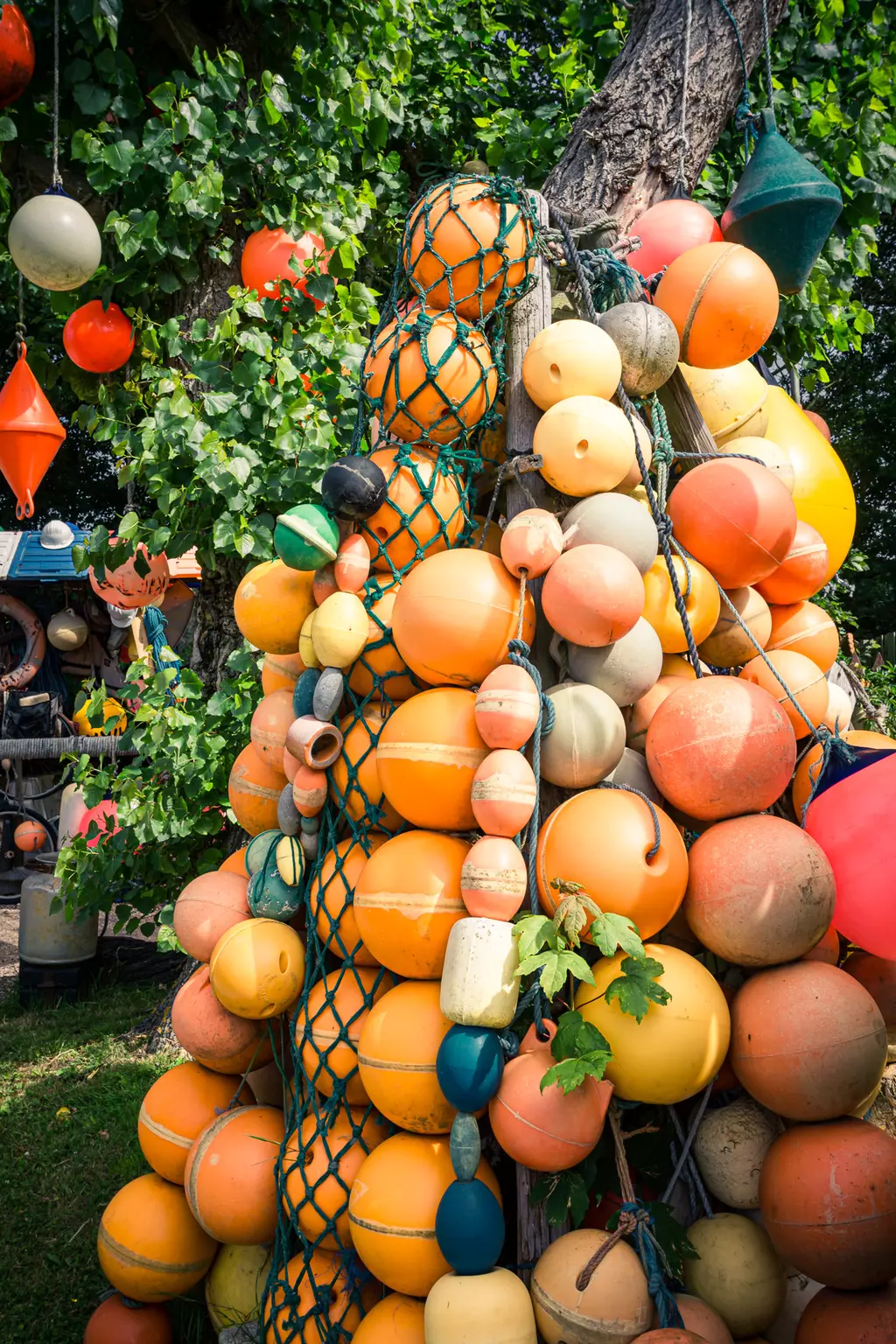 Bojeanhäufung auf Texel: Eine bunte Ansammlung von verschiedenen gelben, orangefarbenen und grünen Bojen hängt an einem Baum.