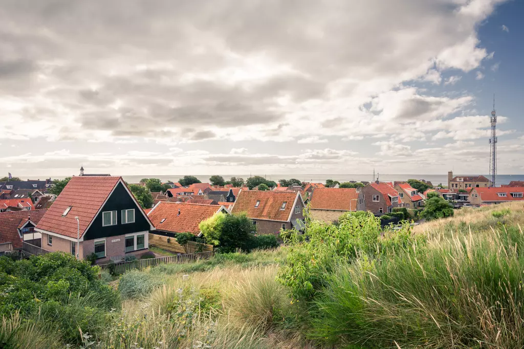 Hausansicht in Terschelling: Eine sanfte Hügellandschaft mit bunten Dächern, umgeben von Gras und dem Meer im Hintergrund.