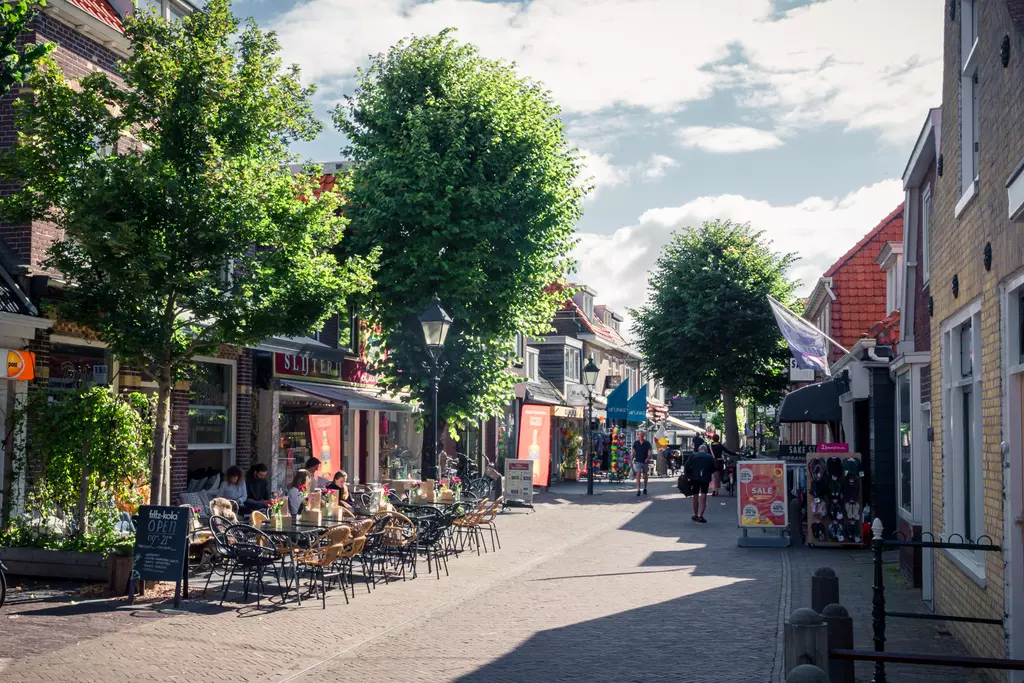 Strasse in Terschelling: Eine malerische Straße mit Cafés, Bäumen und bunten Geschäften, belebt von Spaziergängern und Gästen.