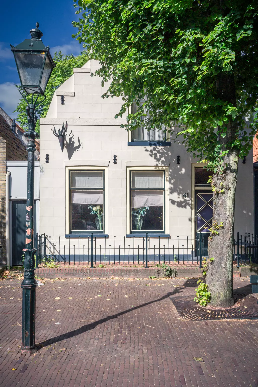 Haus in Terschelling: Ein helles Gebäude mit zwei Fenstern und einem modernen Zaun, umgeben von Bäumen und einem Laternenpfahl.