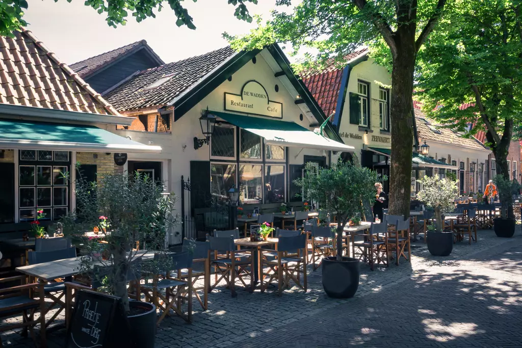 A picturesque café with outdoor seating and green plants, surrounded by charming houses and trees.