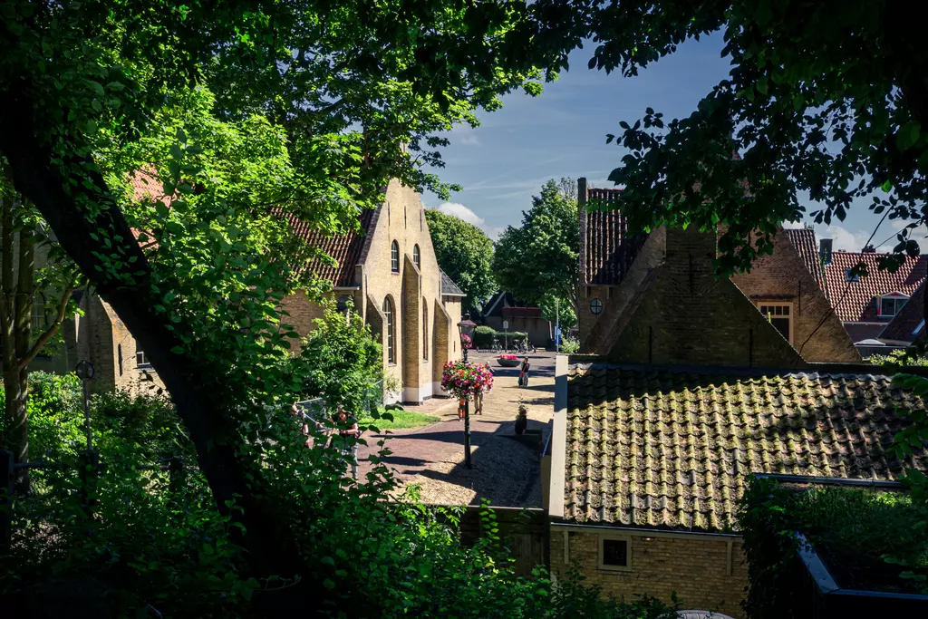 Village scene in Vlieland: Lush trees frame narrow paths with charming houses and blooming plants.