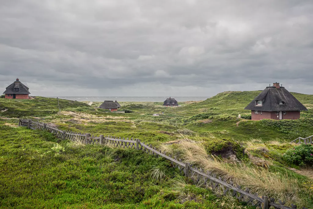 Strandlandschaft auf Sylt: Blick auf grüne Dünen mit mehreren reetgedeckten Häusern unter bewölktem Himmel.