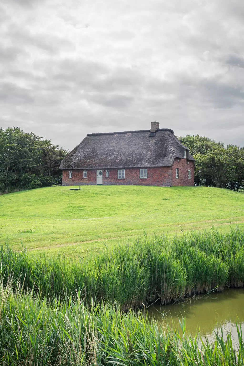 Ein rotes Backsteinhus mit Reetdach steht auf einem Hügel, umgeben von grünem Gras und Schilfrohr an einem kleinen Gewässer.