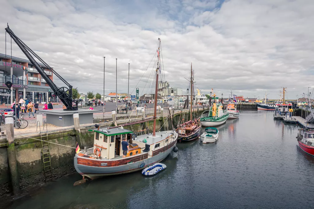 A harbor view with several boats in the water, a crane in the foreground, and a bustling walkway filled with people in the background.