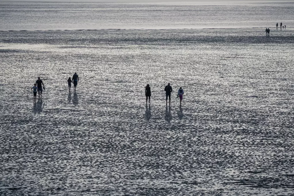 People walking across a shimmering tidal flat in shallow water. The scene feels calm and expansive.