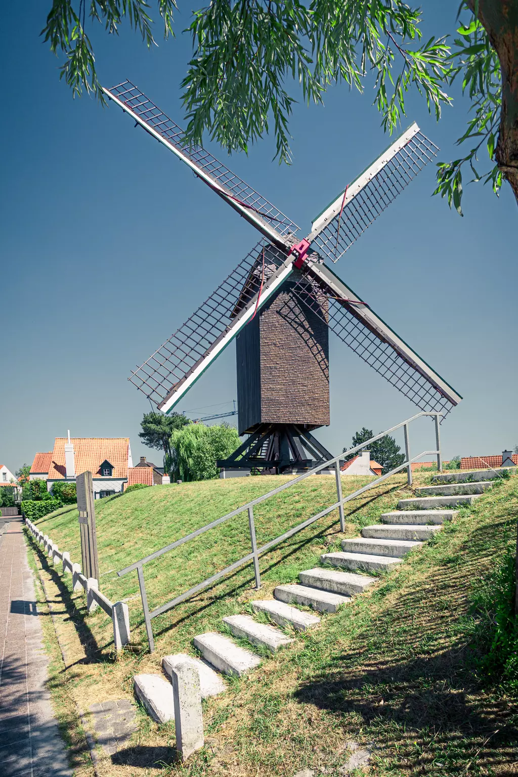 A windmill stands on a small hill, surrounded by greenery, a paved path, and steps leading up to it.