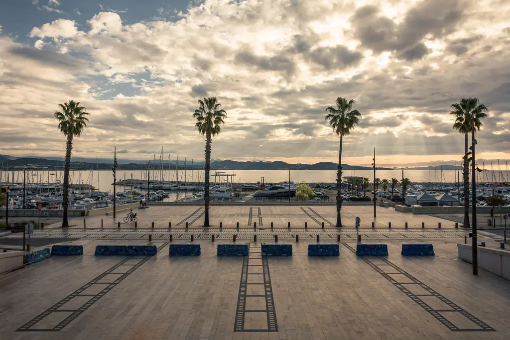 A scenic view of La Ciotat waterfront, featuring palm trees, a marina, and dramatic clouds in the sky.