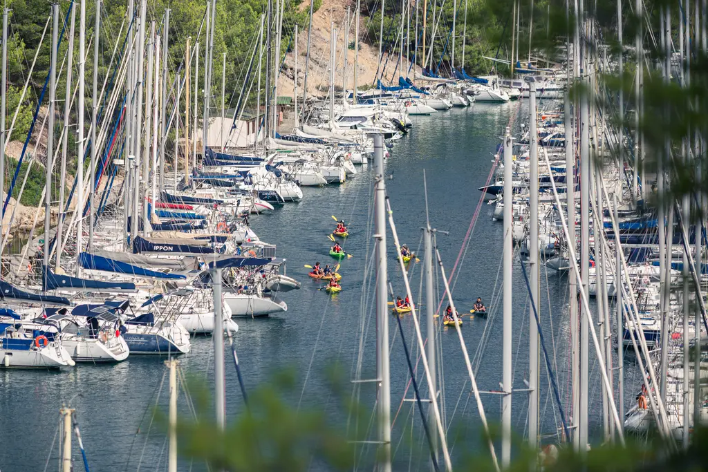 Blick auf den Calanque von Port-Miou in Cassis, mit zahlreichen Yachten und Kajakfahrern im ruhigen Wasser zwischen hohen Bootsmasten.