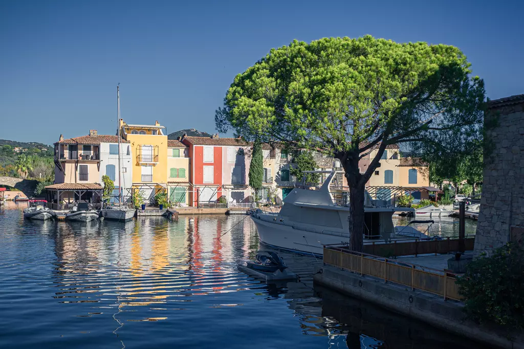 Port Grimaud: Farbenfrohe Häuser spiegeln sich im Wasser, ein Boot liegt am Dock, ein großer Baum sorgt für Schatten.