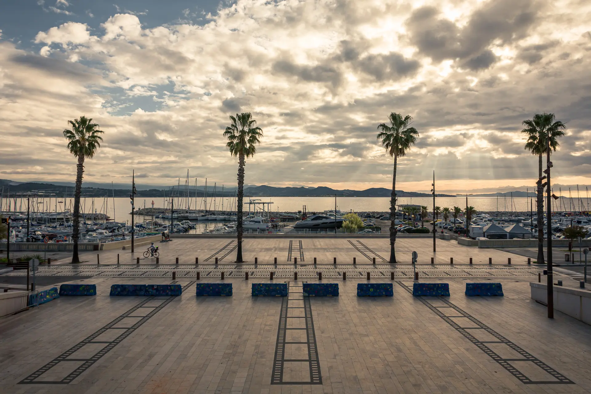 A scenic view of La Ciotat waterfront, featuring palm trees, a marina, and dramatic clouds in the sky.
