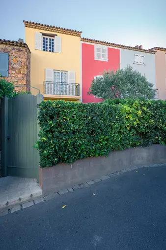 Ein schmaler Gehweg führt zu einem grünen Tor, das von einer dichten Hecke umgeben ist. Im Hintergrund sind farbige Häuser zu sehen.