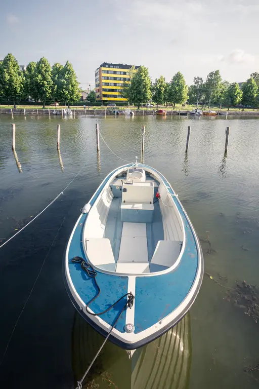 Boot im Wasser mit blauem Heck und weißen Sitzen, umgeben von einer ruhigen Wasseroberfläche und Bäumen im Hintergrund.