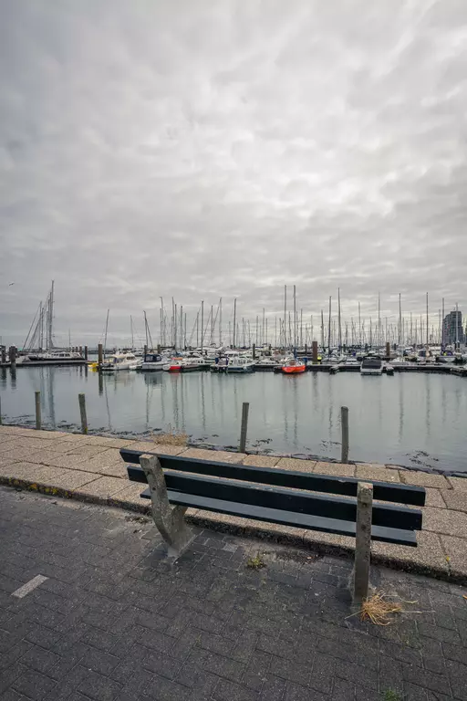 A wooden bench overlooks the harbor, with water and many boats visible against a cloudy sky in the background.