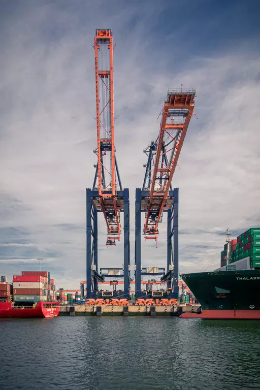 Crane structures tower over a harbor basin, surrounded by container ships and stacks of colorful containers.