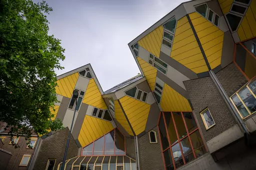 A roof with yellow and gray surfaces, angled and varied in design. Slim windows and trees in the foreground.