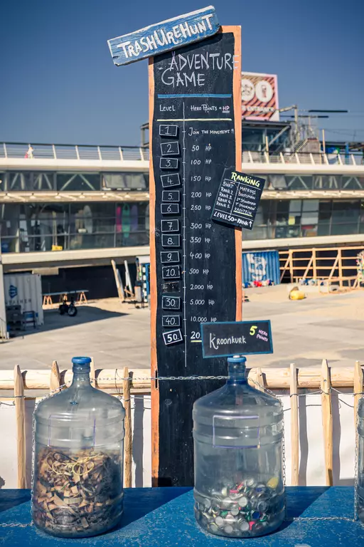 A large blackboard displays an adventure game with levels and points, alongside two containers filled with trash.