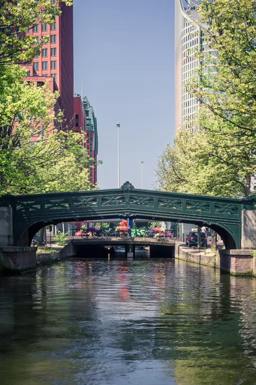 A green bridge arch spans a tranquil canal, surrounded by trees and modern buildings, with colorful flowers in the foreground.