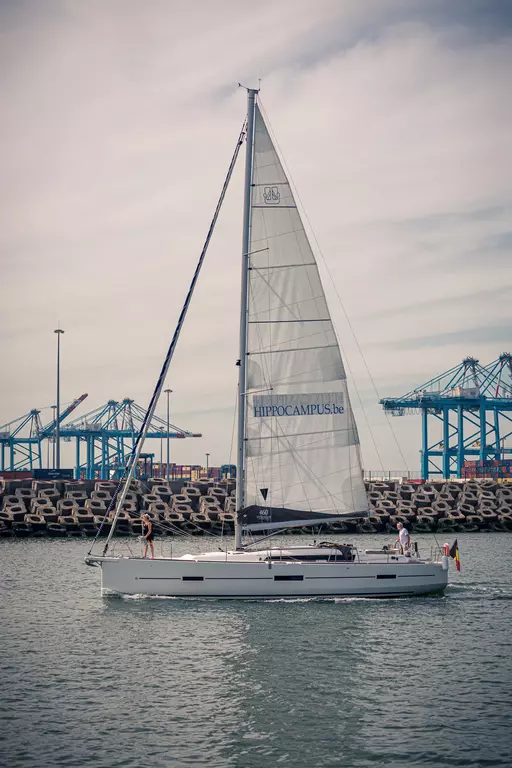 Ein Segelboot mit einem Mast und einer großen weißen Segelfläche fährt auf ruhigeren Gewässern, im Hintergrund Hafengebäude und Container.