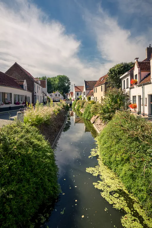 Eine ruhige, grüne Kanalansicht mit Wohnhäusern, Blumen und einem klaren Himmel. Wasser spiegelt die Umgebung wider.