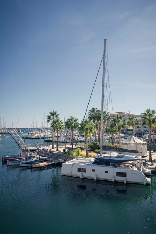 Ein ruhiger Hafen mit mehreren Booten, umgeben von Palmen und einem blauen Himmel. Wasser spiegelt die Umgebung wider.