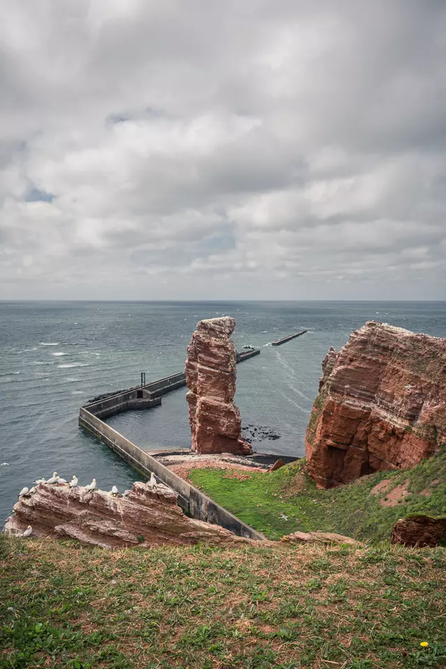 Felsen ragen aus dem Wasser, mit Krähen auf den Klippen und einem hellen Himmel, an dem Wolken ziehen.