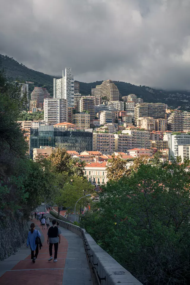 Lush trees border a pathway where people stroll, with modern buildings lining the hillside behind them.